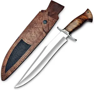 Handmade D2 Steel 15 Inch Bowie Knife with leather sheath - Survival Hunting knife with steel Guard, Rosewood Handle Ideal for Camping Bushcrafting Hunting & outdoor use