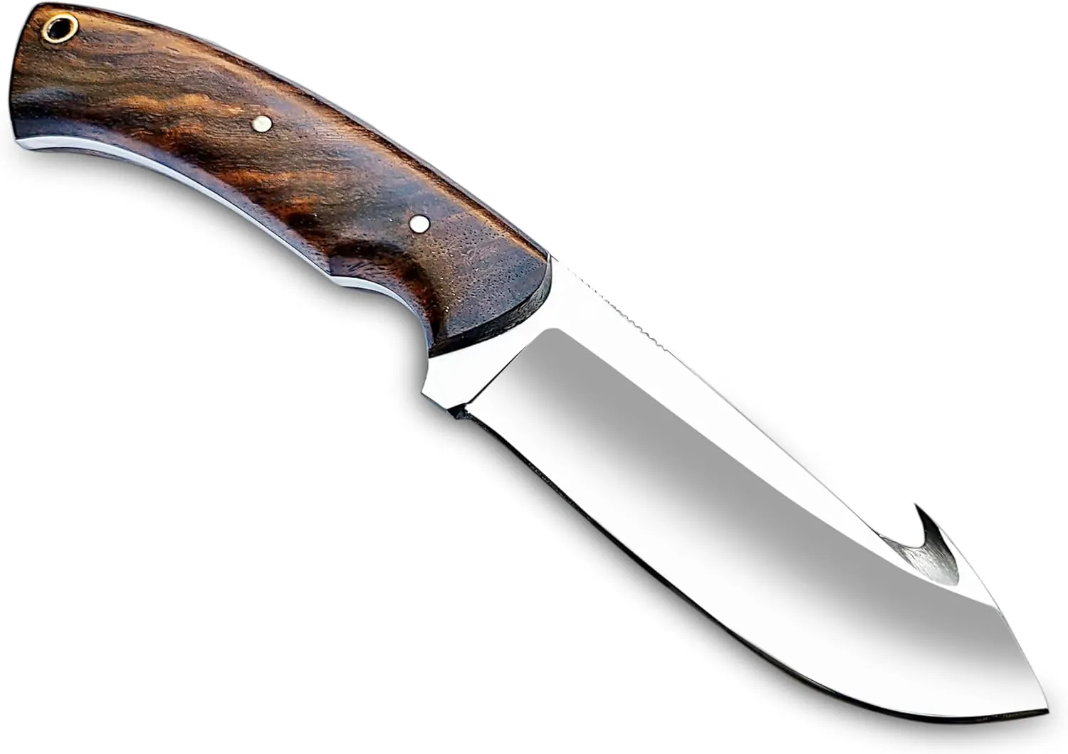 Handmade D2 Steel Gut Hook Knife – Full Tang Fixed Blade With Wood Handle & Leather Sheath – Razor Sharp Skinning Knife For Hunting, Camping & Survival