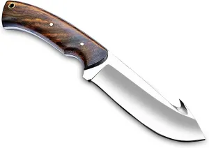 Handmade D2 Steel Gut Hook Knife – Full Tang Fixed Blade With Wood Handle & Leather Sheath – Razor Sharp Skinning Knife For Hunting, Camping & Survival
