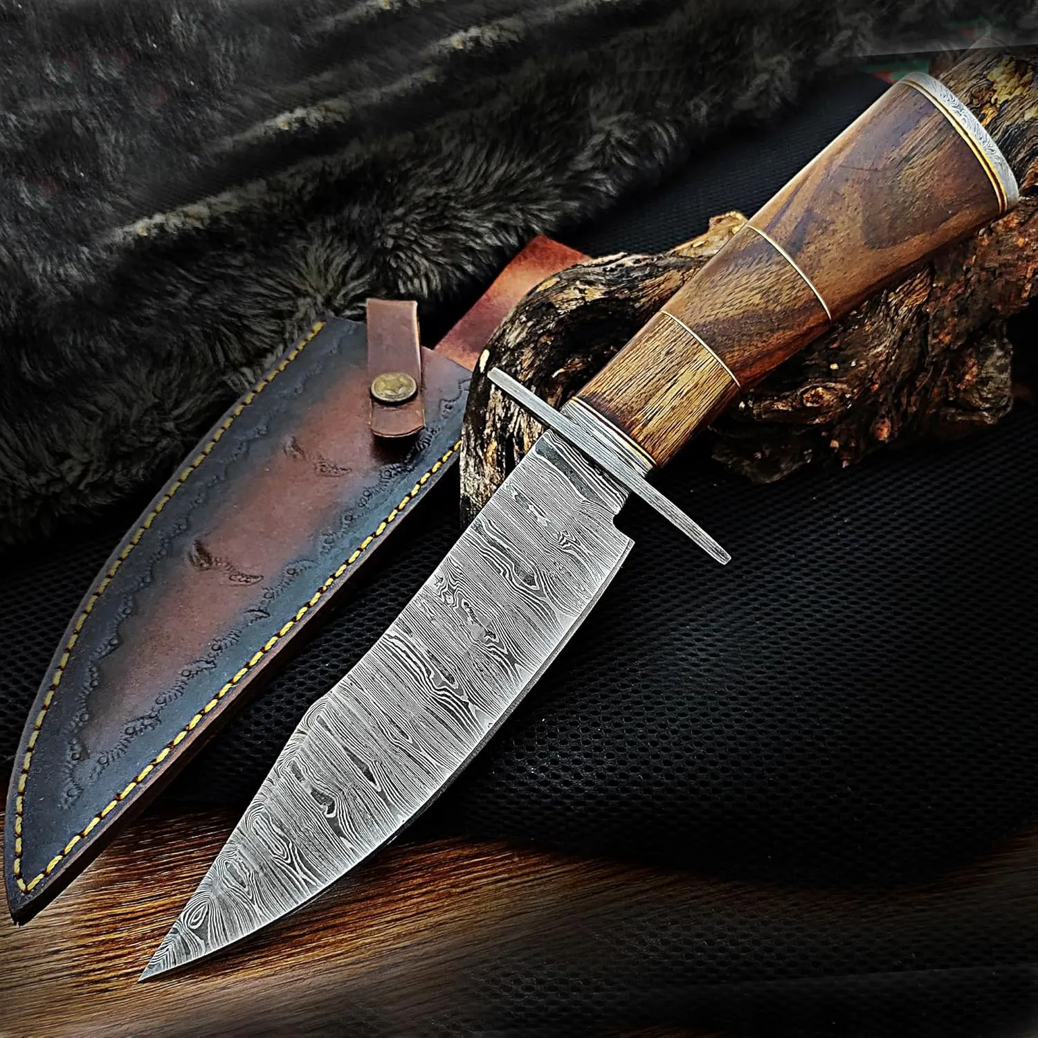 Handmade Damascus Bowie knife 12 Inches Fixed Blade Hunting Knife for Outdoor, Bushcraft,Camping, Survival Knife With Sheath Rose Wood And Damascus Guards Handle