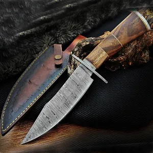 Handmade Damascus Bowie knife 12 Inches Fixed Blade Hunting Knife for Outdoor, Bushcraft,Camping, Survival Knife With Sheath Rose Wood And Damascus Guards Handle