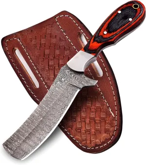 Handmade Damascus Bull Cutter Knife with Sheath for Belt | Damascus Steel Hunting Fixed Blade Cowboy Hunting Knife | EDC Skinning Knife for Outdoor Camping