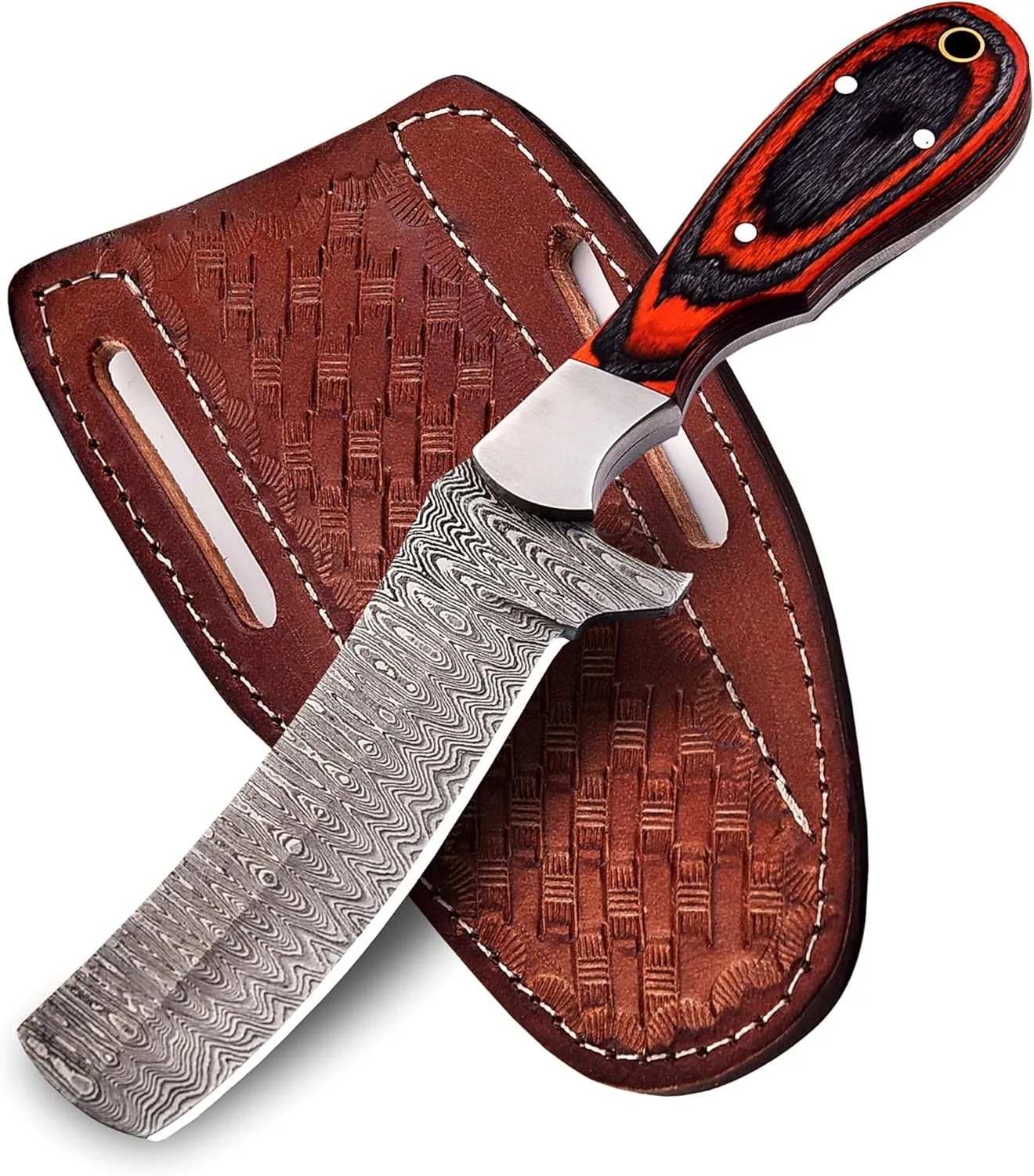 Handmade Damascus Bull Cutter Knife with Sheath for Belt | Damascus Steel Hunting Fixed Blade Cowboy Hunting Knife | EDC Skinning Knife for Outdoor Camping