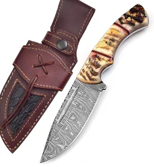 Handmade Damascus Knife For Hunting Skinning - 9.5 Inches Damascus Steel Fixed Blade Camping Knife With Leather Sheath, Ram Horn Handle RH-116