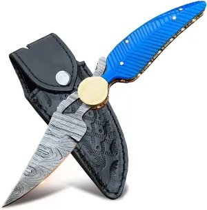 Handmade Damascus Pocket Knife with Sheath (Leaf Blue)