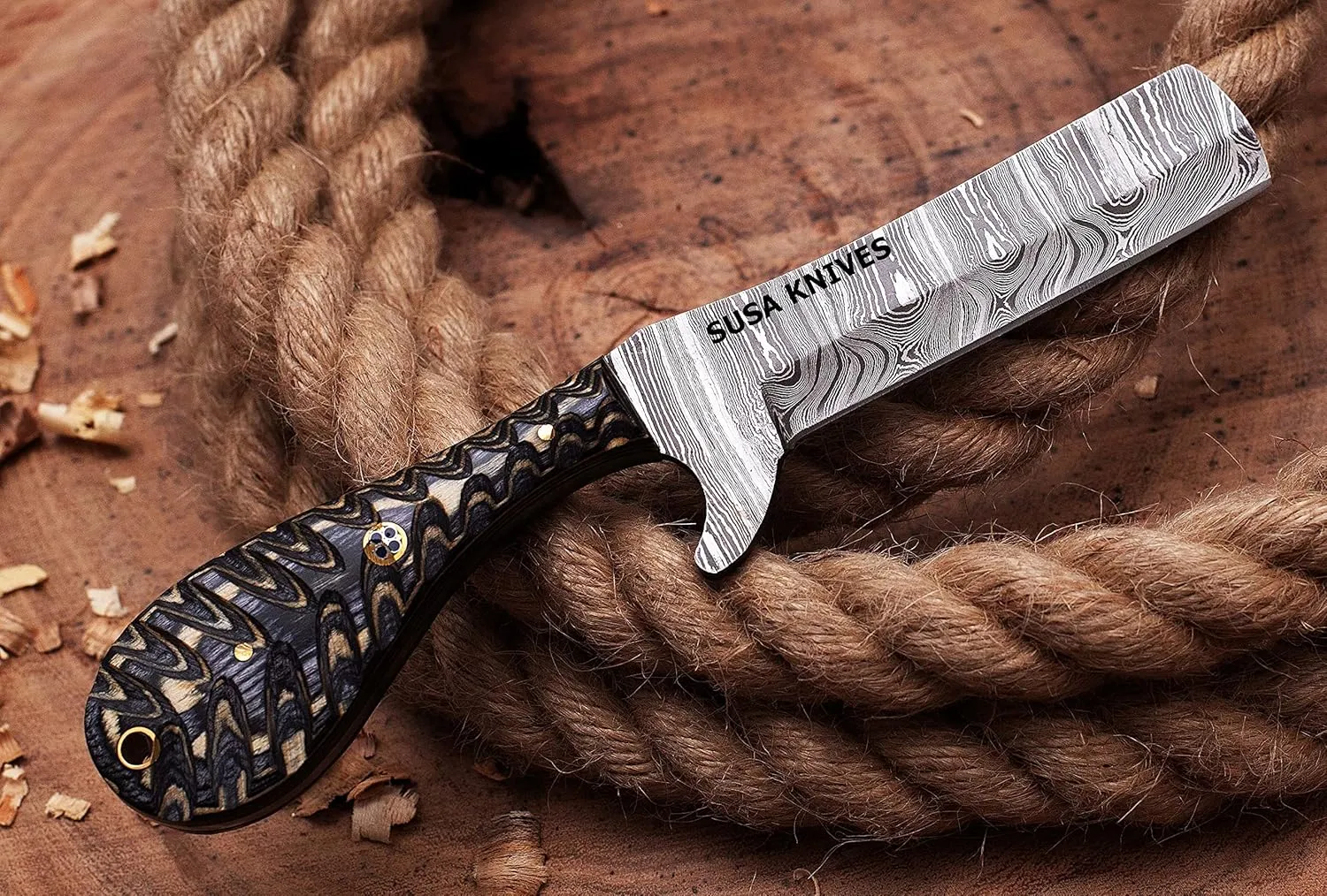 Handmade Damascus Steel Bull Cutter Knife, Cowboy Fixed Blade knife, Wood Handle, EDC Knife PANCAKE Leather Sheath Gift For Men