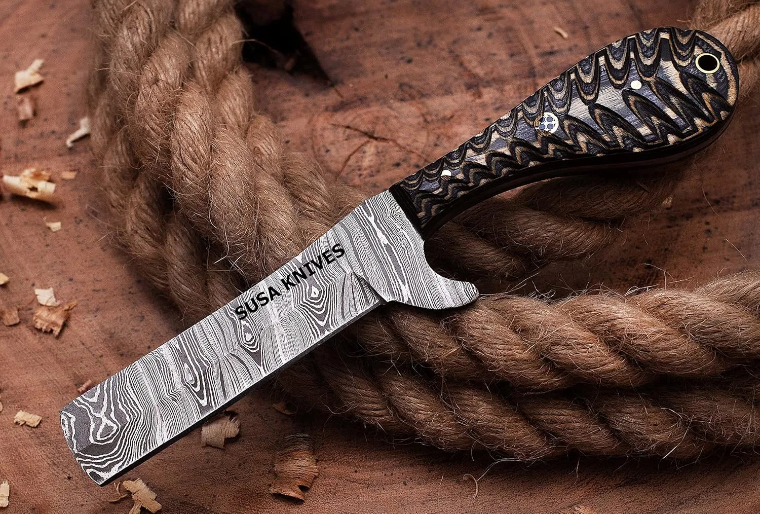 Handmade Damascus Steel Bull Cutter Knife, Cowboy Fixed Blade knife, Wood Handle, EDC Knife PANCAKE Leather Sheath Gift For Men