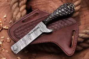 Handmade Damascus Steel Bull Cutter Knife, Cowboy Fixed Blade knife, Wood Handle, EDC Knife PANCAKE Leather Sheath Gift For Men