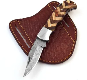 Handmade Damascus Steel Folding knife Olive Wood Pocket Knife Compact, Damascus Knife - Ideal for Outdoor, Survival, Camping & Everyday, Gray