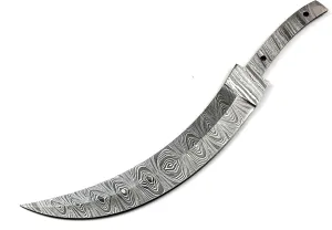 Handmade Damascus Steel Knife Blank – Curved Edge Blade Blank with Hidden Tang – Heat Treated, Sharp, Ready for Handle – 27cm Overall Length – Knife Making Supplies (B13)