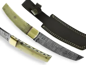 Handmade Damascus Steel Tanto, Skinner, Hunting, and Fixed Blade Knife – Durable Outdoor Knife with Leather Sheath for Camping and Survival (OB-1093) (White)