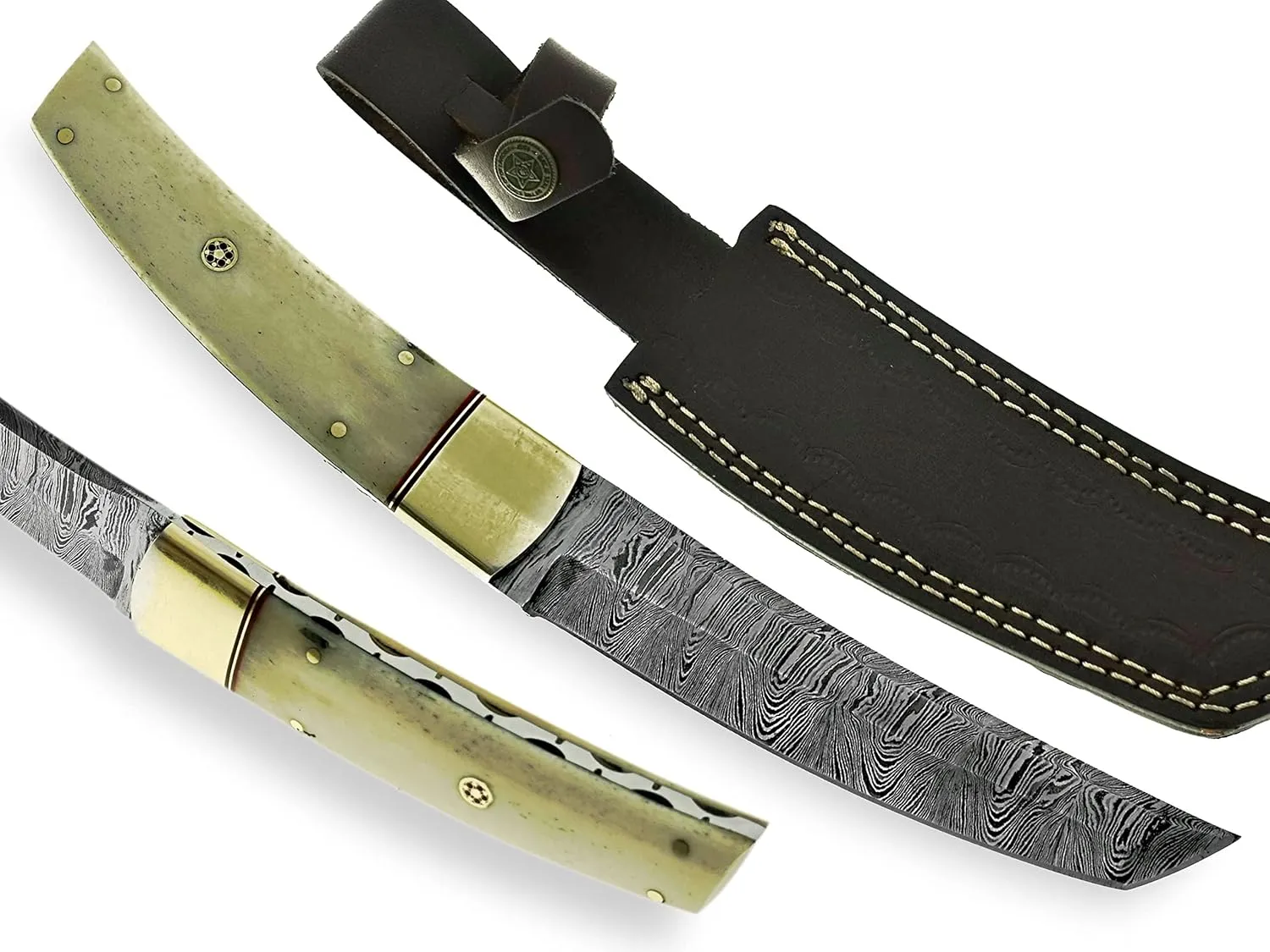 Handmade Damascus Steel Tanto, Skinner, Hunting, and Fixed Blade Knife – Durable Outdoor Knife with Leather Sheath for Camping and Survival (OB-1093) (White)