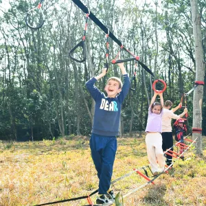 Hapfan Ninja Warrior Obstacle Course for Kids with Rickety Bridge, 50 FT Slackline Kit with Weather-Proof Obstacles, Outdoor Jungle Gym Climbing Toys for Backyard