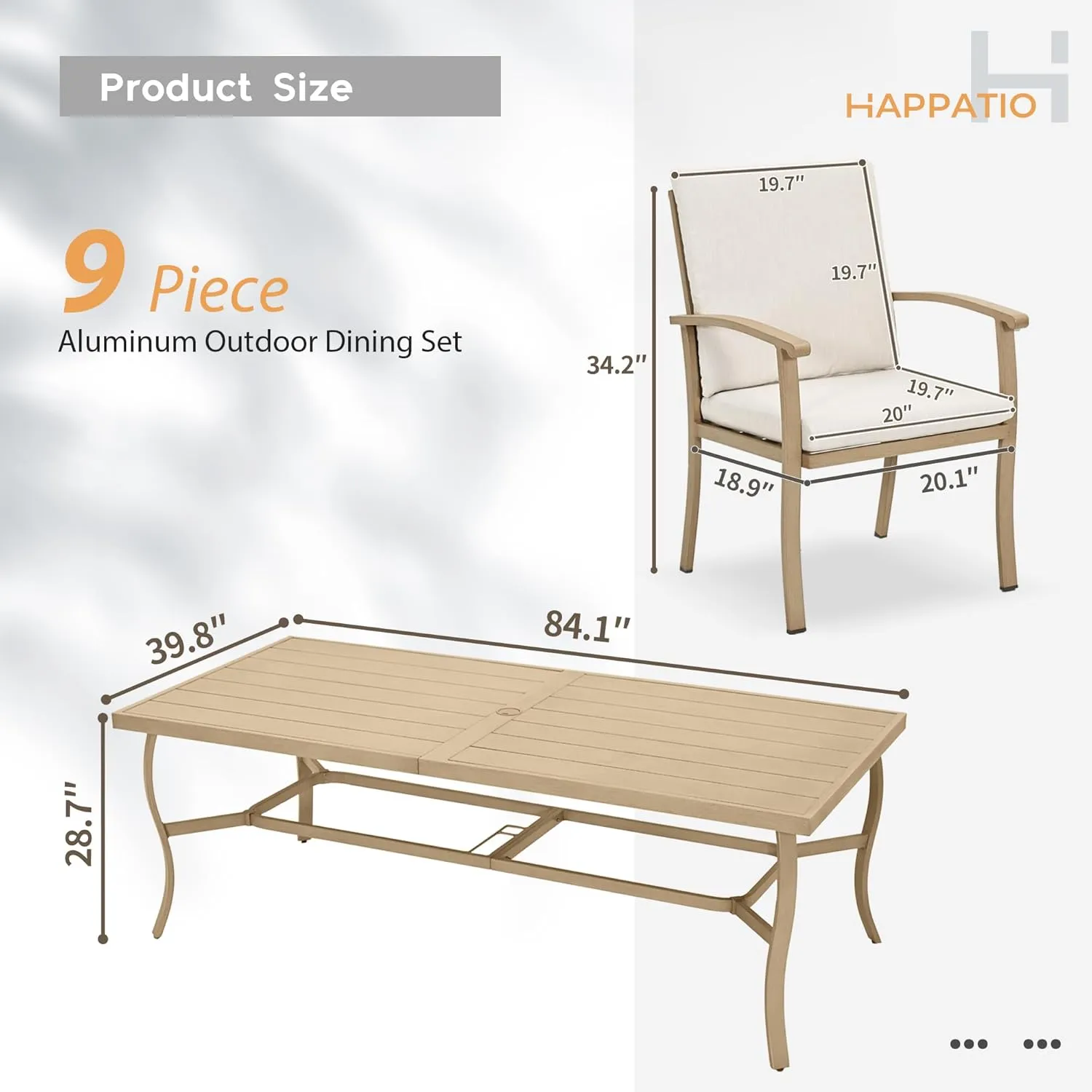 HAPPATIO Aluminum 9 Piece Patio Dining Set - Aluminum Outdoor Dining Set for 8, Patio Dining Table and Chairs Set, Patio Furniture with Table and Chairs (Beige)