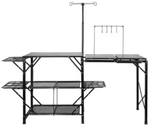 Happybuy Camping Kitchen Table, Folding Portable Cook Station with Carrying Bag, Aluminum Table with 3 Side Tables, 2 Shelves & Detachable Sink for Outdoor BBQs, Picnics & Camping