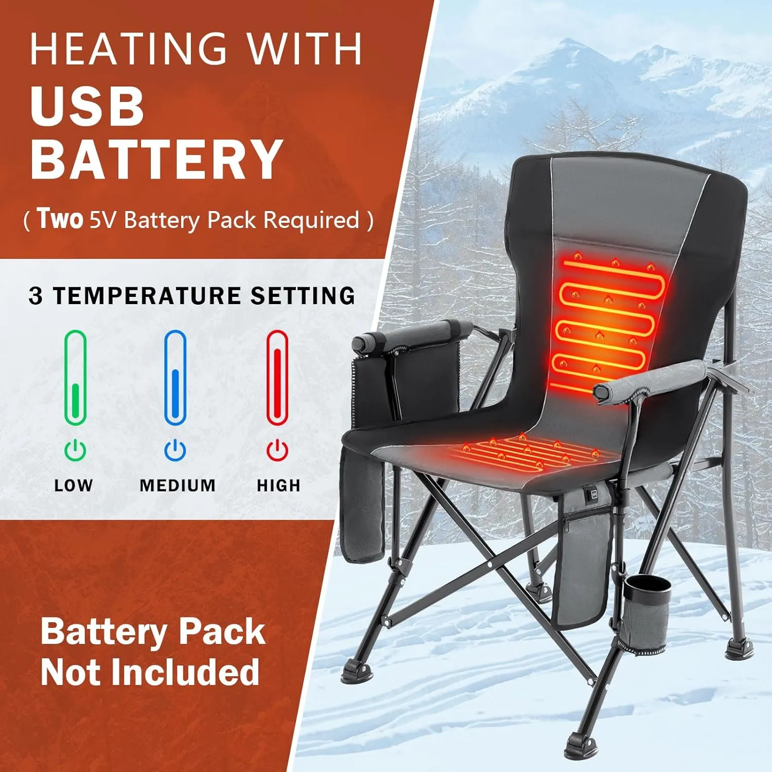 Heated Folding Camping Chair Portable for Outdoor Sports, Fully Padded Heated Lawn Chair Support 400lbs, Collapsible Heated Camp Chair with 3 Heat Levels for Outside, Gray(2 Battery Pack Required)
