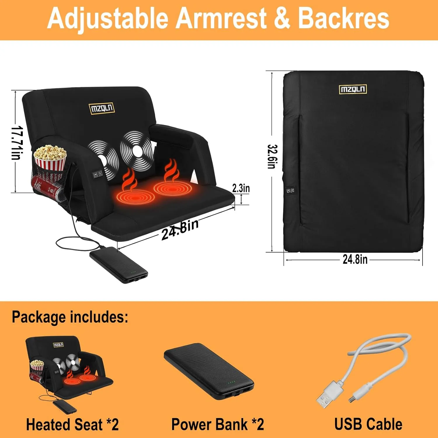Heated Massage Stadium Seats Pack of 2, 25 Inche Folding Bleacher Chair with 10000mAh Portable Power*2, 3 Levels of Heat&Massage, 6 Reclining Positions for Camping, Sports