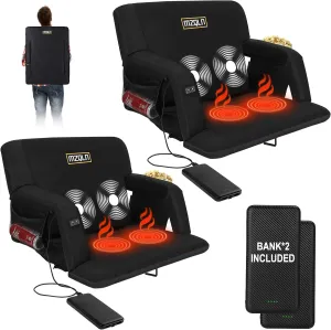 Heated Massage Stadium Seats Pack of 2, 25 Inche Folding Bleacher Chair with 10000mAh Portable Power*2, 3 Levels of Heat&Massage, 6 Reclining Positions for Camping, Sports