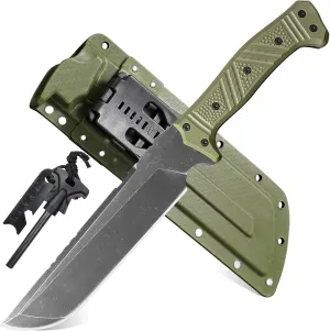 Heavy Duty D53 Fixed Blade Knife w Kydex Sheath for Tough Men, Bushcraft Survival Knife w Firestarter, Full-Tang Machete w Nylon Fiberglass Handle for Cutting Trees, Outdoor Camping Hunting Hiking Adventure