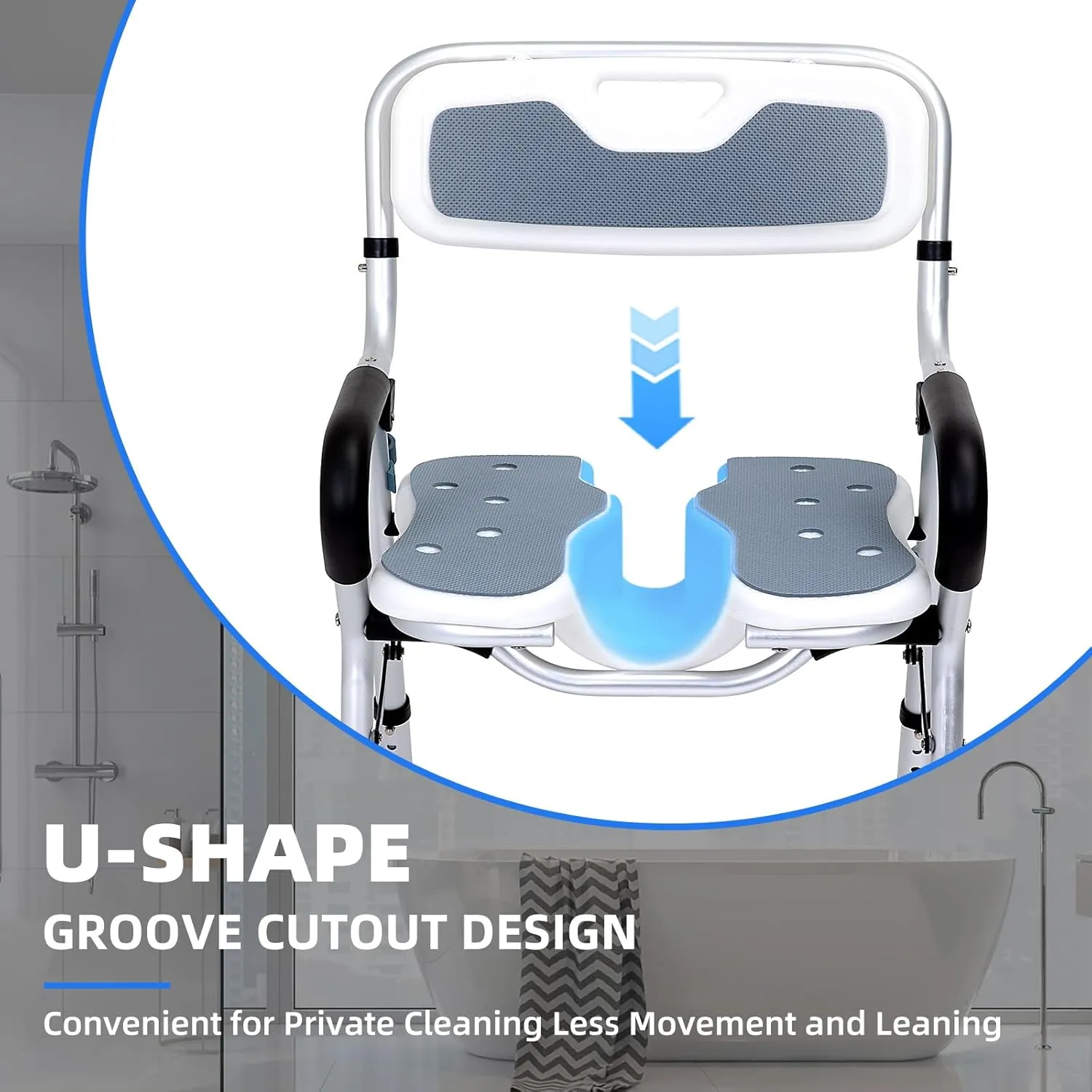 Heavy Duty Shower Chair,U-Shape Seat Foldable Shower Chair for Private Washing, Elderly and Disabled, Adjustable Height Chairs with Padded Arms and Back for Bathroom,350 lbs Capacity
