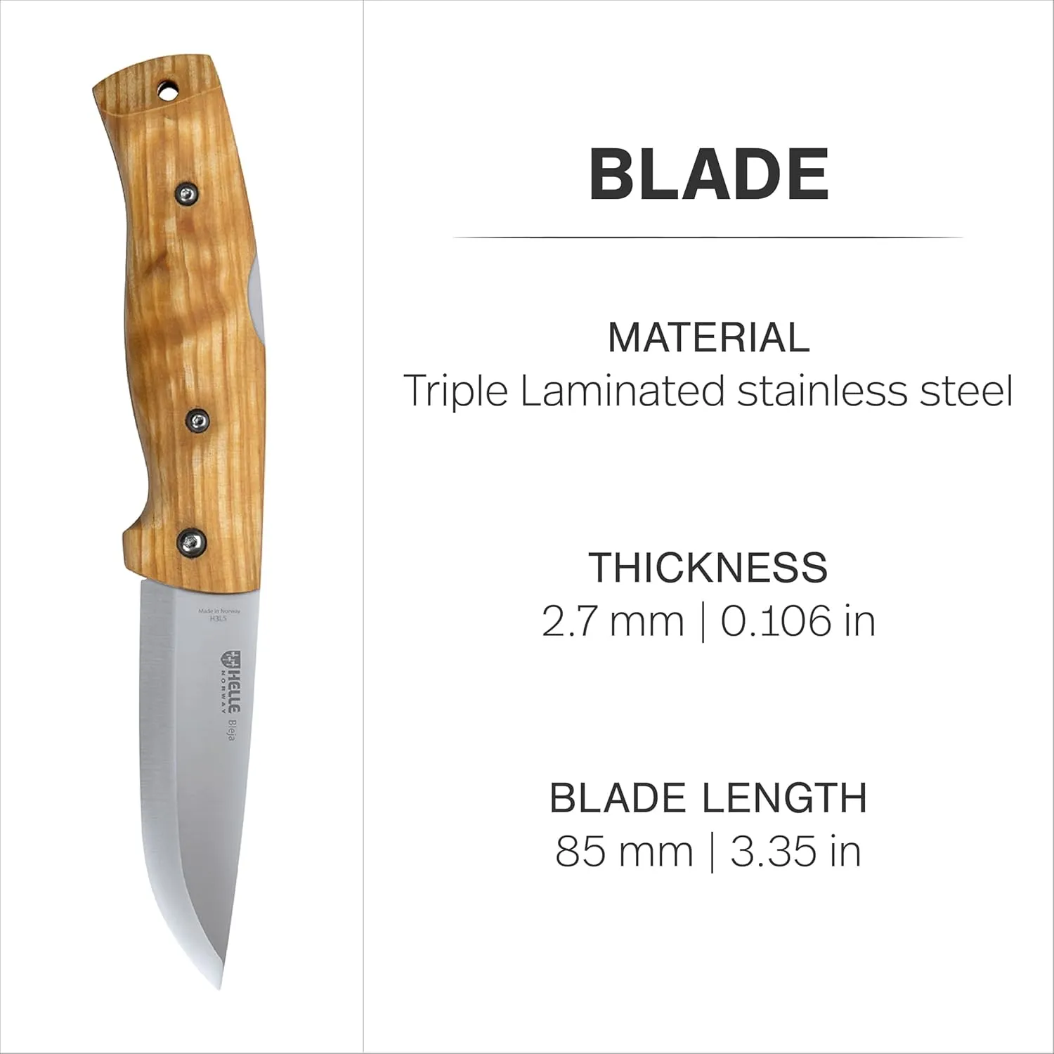 HELLE Knives - Bleja - Norwegian Folding Knife - 3.35" Triple Laminated Stainless Steel Blade with Handcrafted Curly Birch Handle - Made in Norway