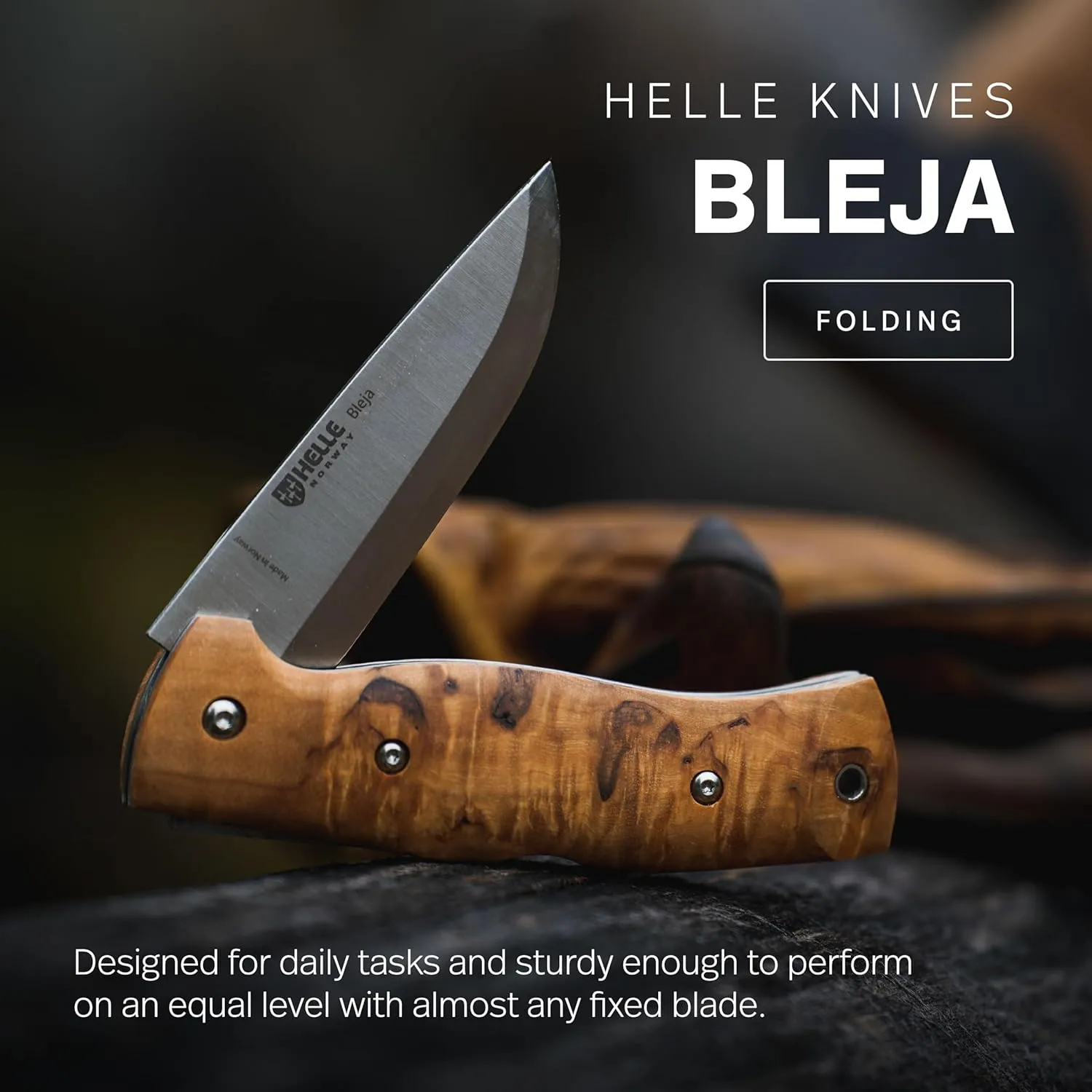 HELLE Knives - Bleja - Norwegian Folding Knife - 3.35" Triple Laminated Stainless Steel Blade with Handcrafted Curly Birch Handle - Made in Norway