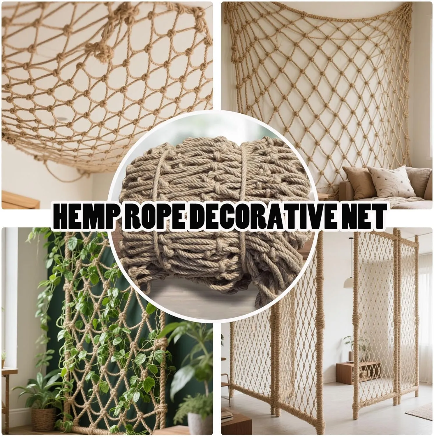 Hemp Rope Climbing Net for Kids Heavy Duty Rope Netting Safety Net for Indoor/Outdoor,Stairs Balcony Protection,Cargo Net for Playground Gym and Home Decor,100x200cm