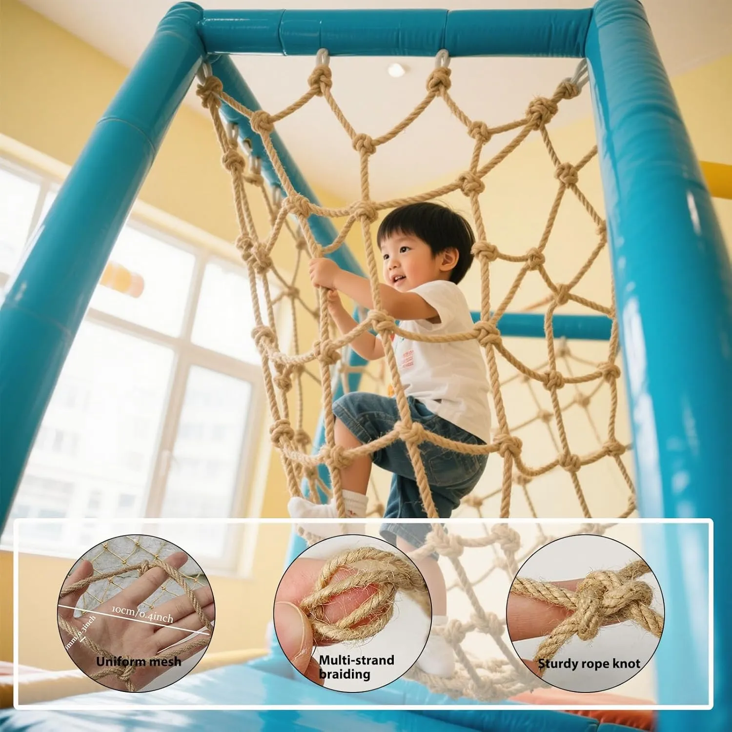 Hemp Rope Climbing Net for Kids Heavy Duty Rope Netting Safety Net for Indoor/Outdoor,Stairs Balcony Protection,Cargo Net for Playground Gym and Home Decor,100x200cm
