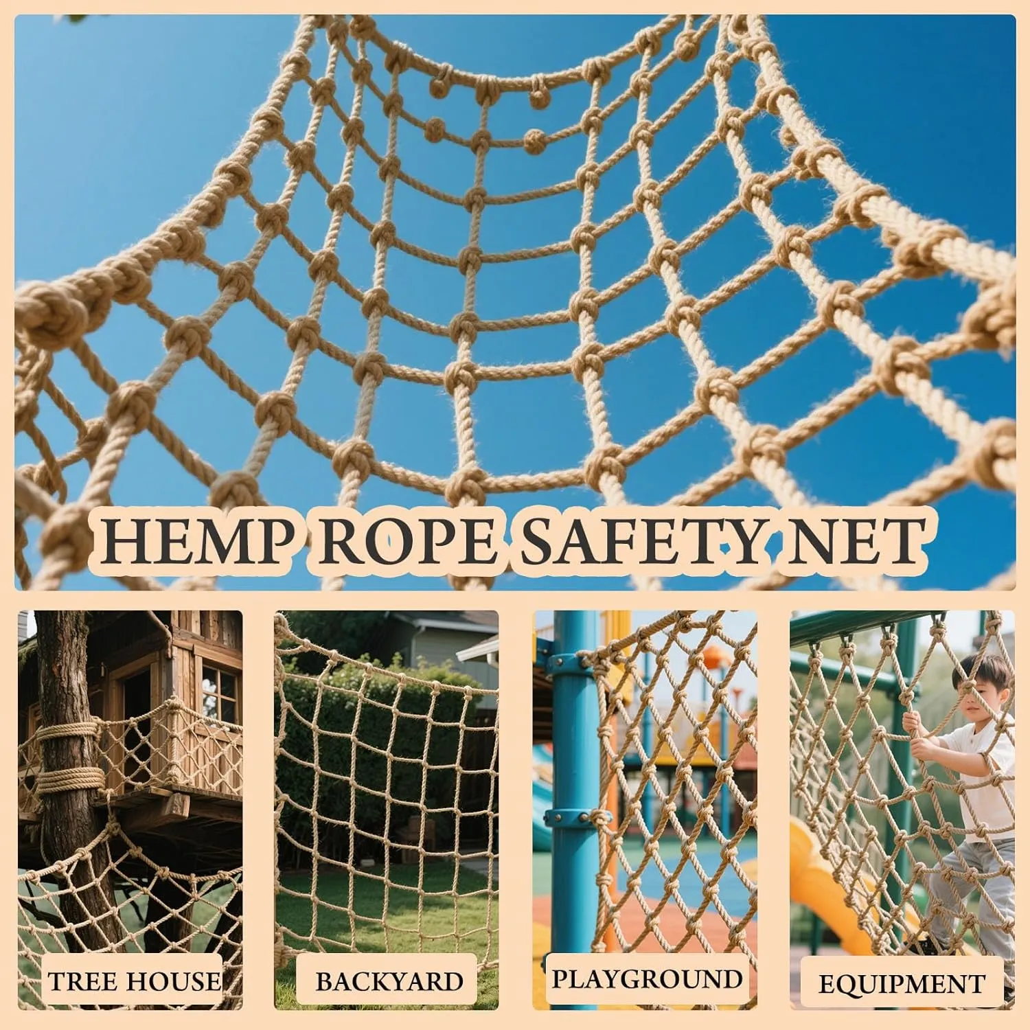 Hemp Rope Net Children Climbing Frame Net 10Mm Thick Playground Climb Net Cargo Net Rope Ladder Truck Trailer Fence Protection Netting,100x400cm