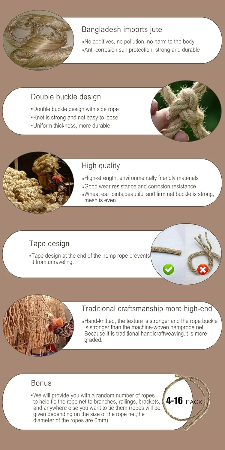 Hemp Rope Net Climbing Safety Kids Tree House Playground Protection Heavy Duty Indoor & Outdoor Decor Rope Net 8mm
