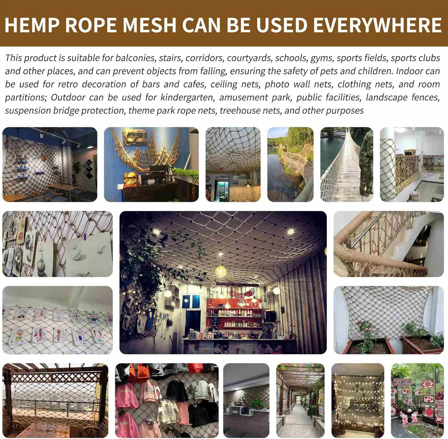 Hemp Rope NettingSafety, Climbing Net for Kids Outdoor,Safety Net for Stairs Balcony,Railings,Garden,Playground,Tree House and Decoration (6MM-8CM, 3.3ft×16.5ft)