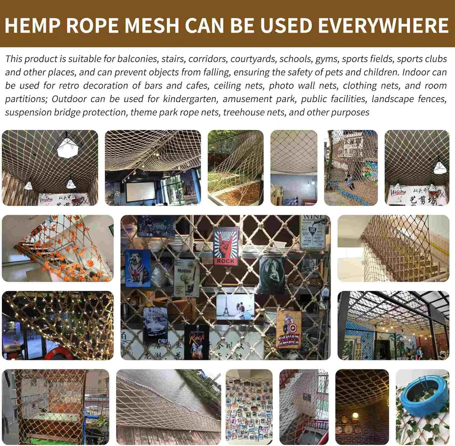 Hemp Rope NettingSafety, Climbing Net for Kids Outdoor,Safety Net for Stairs Balcony,Railings,Garden,Playground,Tree House and Decoration (6MM-8CM, 3.3ft×16.5ft)