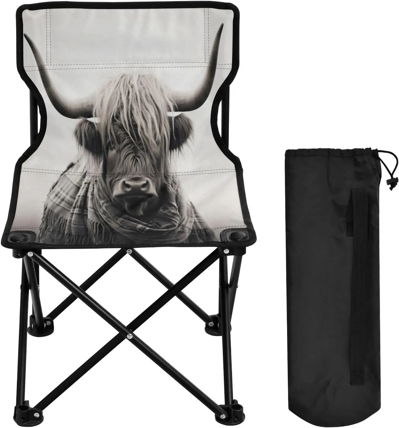 Highland Cow Portable Outdoor Folding Chair Anti-Slip Padded Oxford Cloth Stool Camping Chair Small for Beach Hiking Fishing Gardening Quad Camp Chair