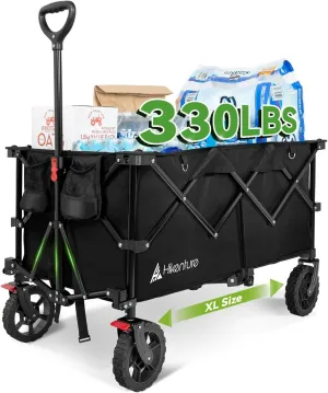 Hikenture 330lbs Collapsible Wagon Cart, Ultra-Large Wagons Carts Foldable Heavy Duty, Utility All Terrain Folding Wagon with Wheels for Groceries, Garden, Sports, Beach, Shopping, Black