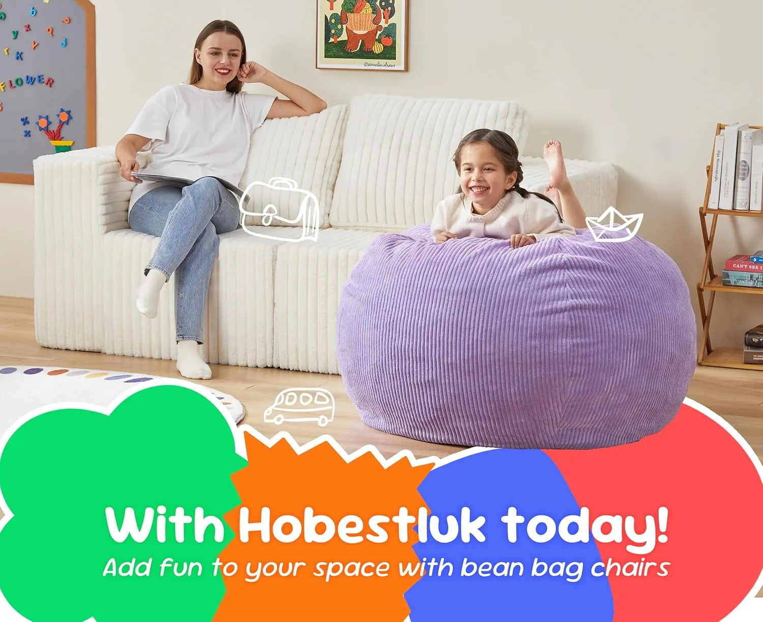 Hobestluk 2.5FT Bean Bag Chair Beanbags Small Bean Bag Chair with Filler Included Teardrop Bean Bag with Removable Cover for Bedroom Living Room (Small, Purple)