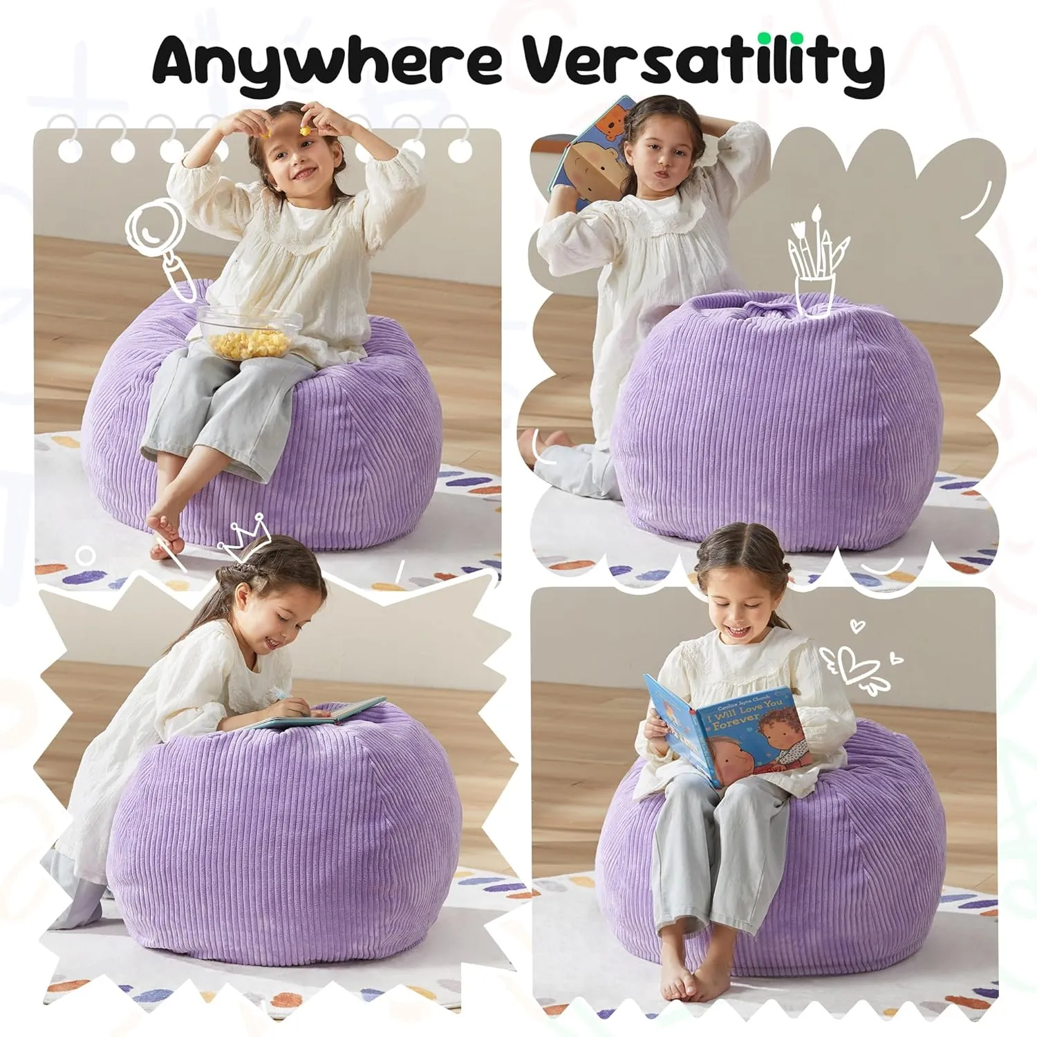 Hobestluk 2.5FT Bean Bag Chair Beanbags Small Bean Bag Chair with Filler Included Teardrop Bean Bag with Removable Cover for Bedroom Living Room (Small, Purple)