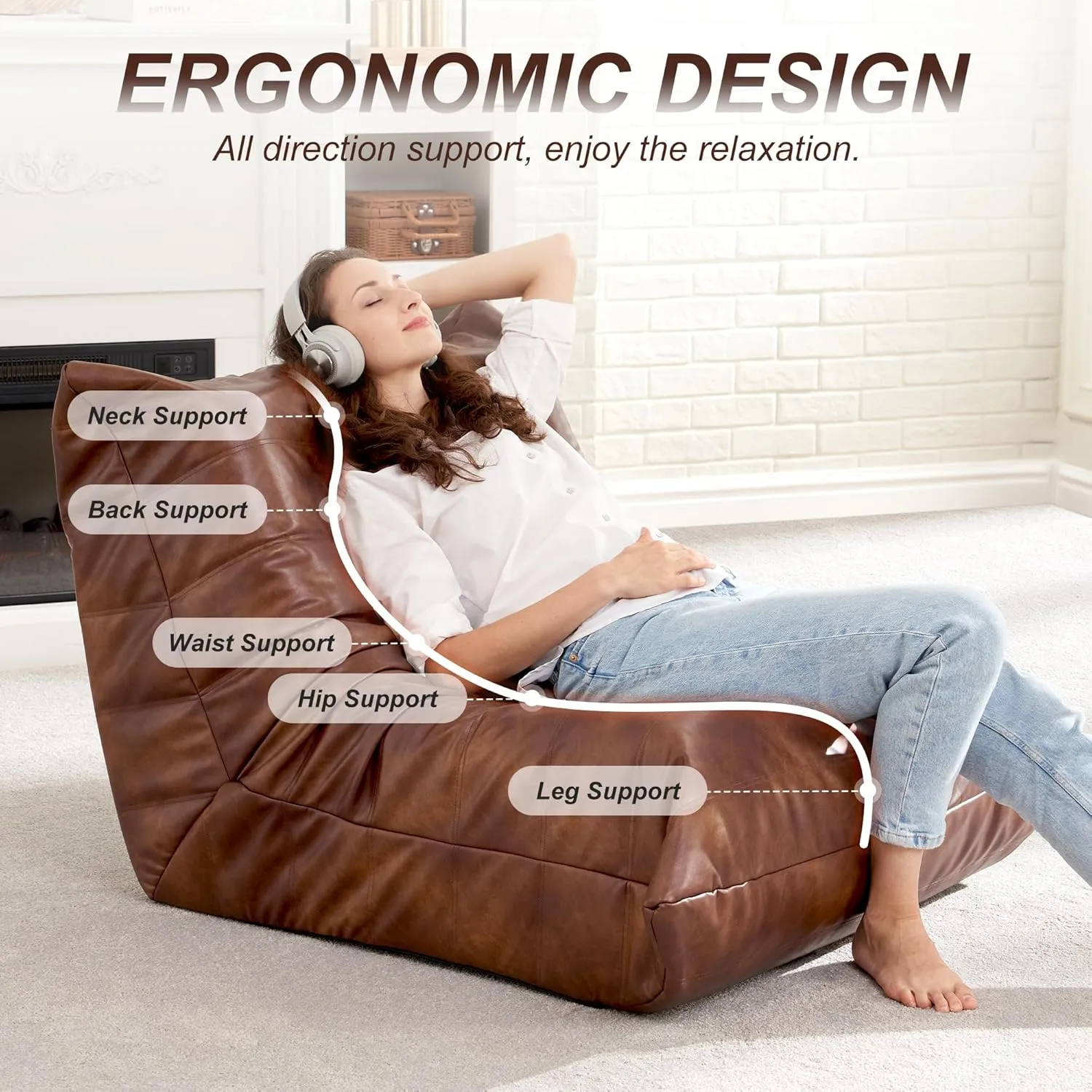 Hobestluk Bean Bag Chair Giant Bean Bag Sofa Memory Foam Bean Bag Chairs for Adults, Bean Bag Couches Faux Leather Bean Bag Chairs for Living Room Bedroom Dorm Office (Brown)