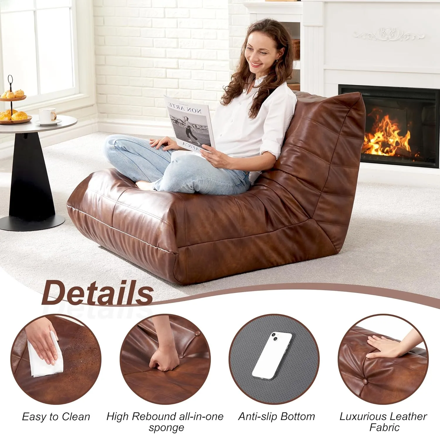 Hobestluk Bean Bag Chair Giant Bean Bag Sofa Memory Foam Bean Bag Chairs for Adults, Bean Bag Couches Faux Leather Bean Bag Chairs for Living Room Bedroom Dorm Office (Brown)