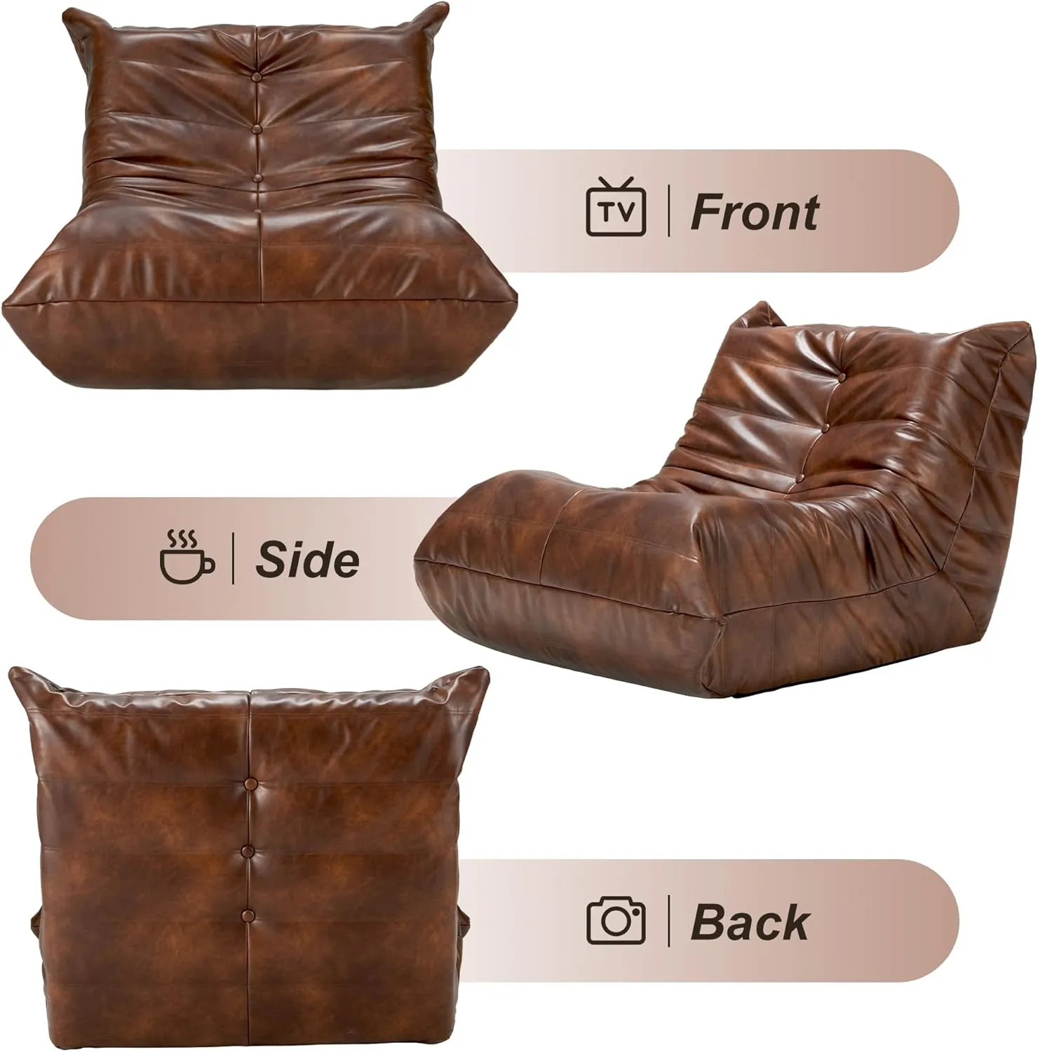Hobestluk Bean Bag Chair Giant Bean Bag Sofa Memory Foam Bean Bag Chairs for Adults, Bean Bag Couches Faux Leather Bean Bag Chairs for Living Room Bedroom Dorm Office (Brown)
