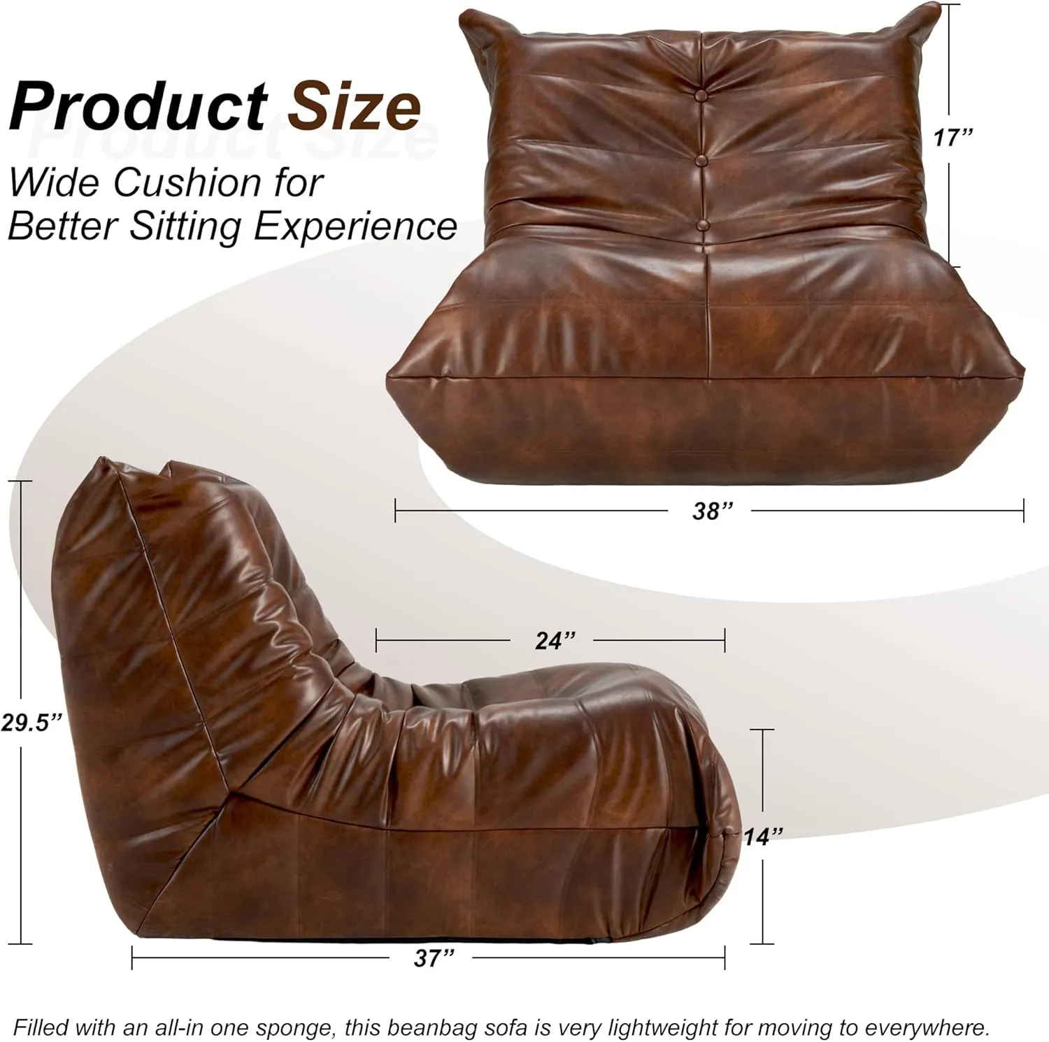 Hobestluk Bean Bag Chair Giant Bean Bag Sofa Memory Foam Bean Bag Chairs for Adults, Bean Bag Couches Faux Leather Bean Bag Chairs for Living Room Bedroom Dorm Office (Brown)