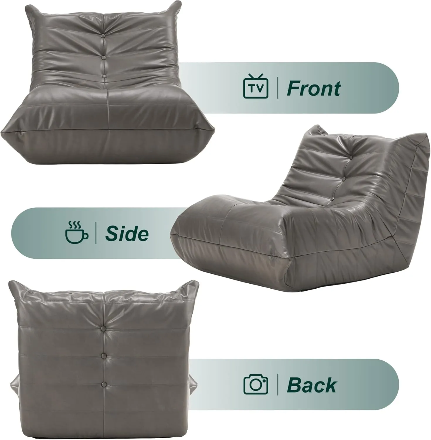 Hobestluk Bean Bag Chair Giant Bean Bag Sofa Memory Foam Bean Bag Chairs for Adults, Bean Bag Couches Faux Leather Bean Bag Chairs for Living Room Bedroom Dorm Office (Grey)