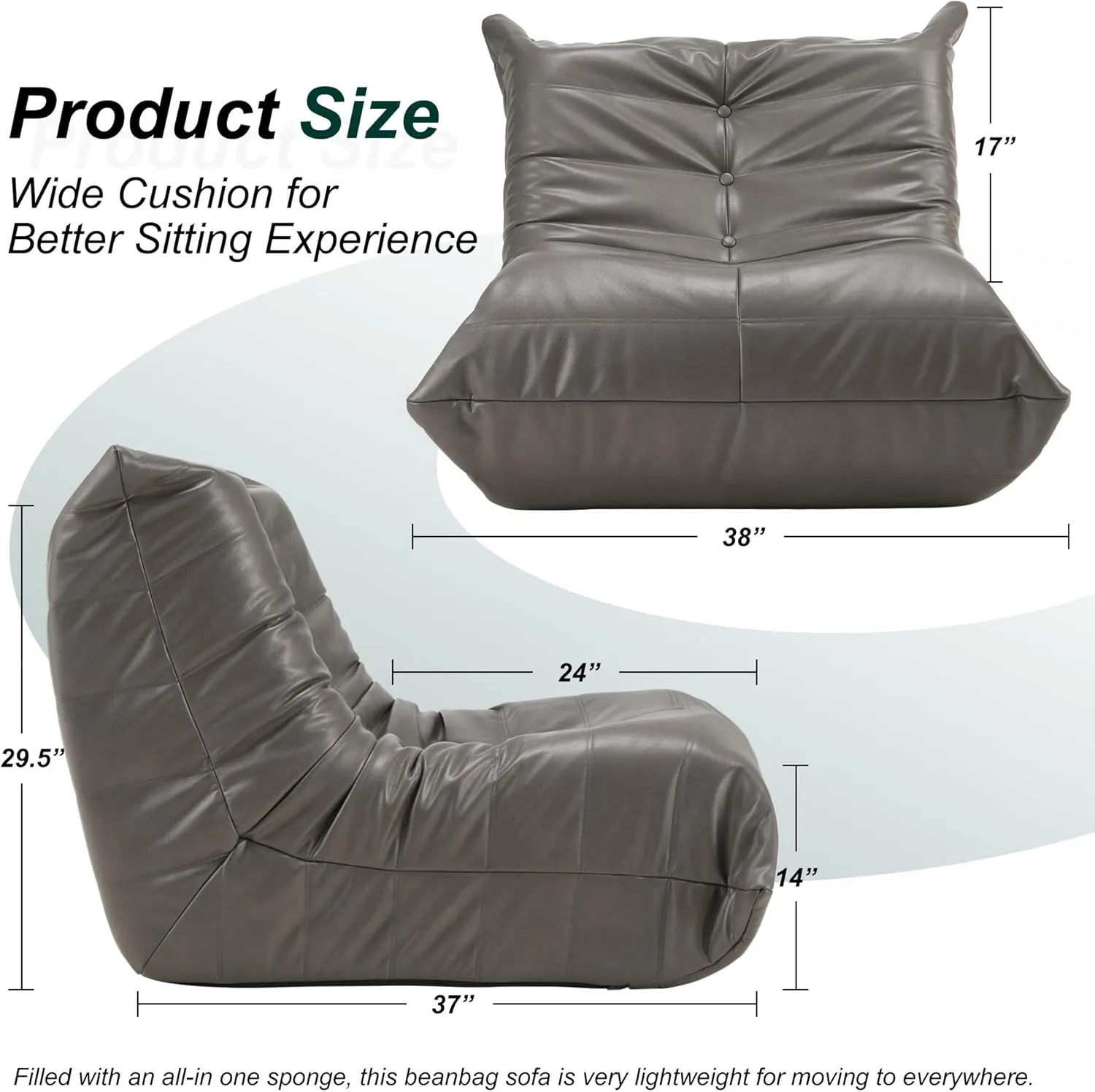 Hobestluk Bean Bag Chair Giant Bean Bag Sofa Memory Foam Bean Bag Chairs for Adults, Bean Bag Couches Faux Leather Bean Bag Chairs for Living Room Bedroom Dorm Office (Grey)