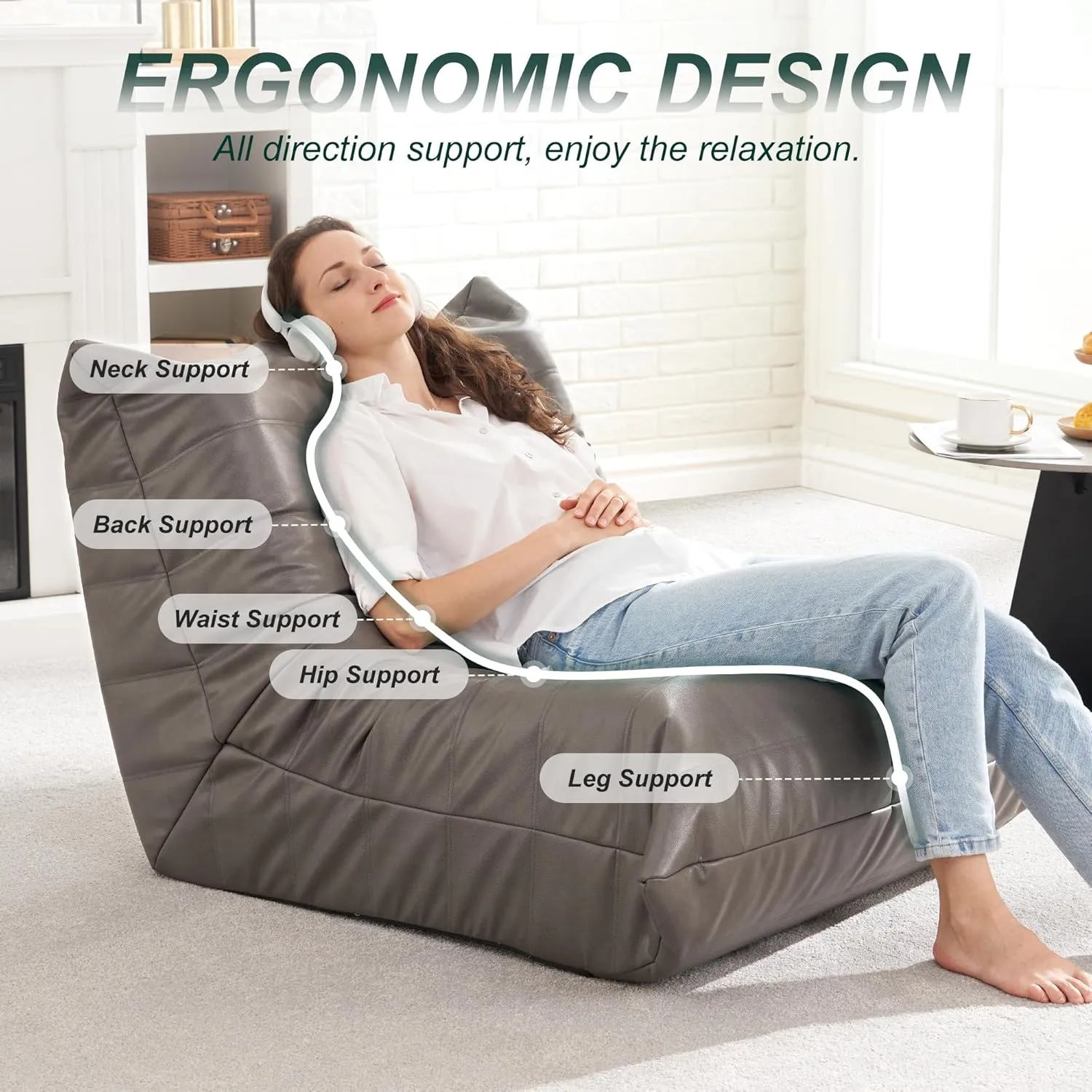 Hobestluk Bean Bag Chair Giant Bean Bag Sofa Memory Foam Bean Bag Chairs for Adults, Bean Bag Couches Faux Leather Bean Bag Chairs for Living Room Bedroom Dorm Office (Grey)