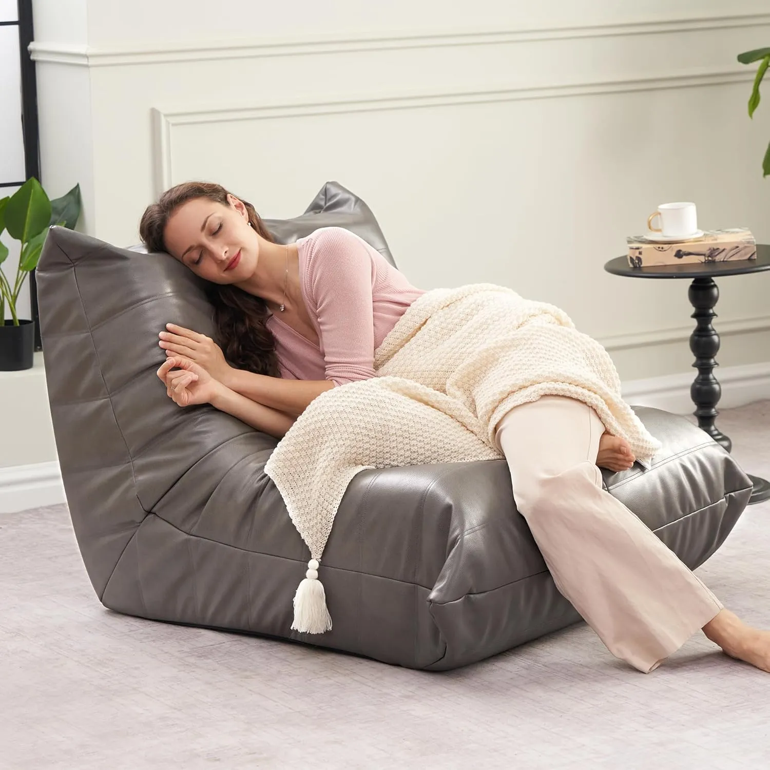 Hobestluk Bean Bag Chair Giant Bean Bag Sofa Memory Foam Bean Bag Chairs for Adults, Bean Bag Couches Faux Leather Bean Bag Chairs for Living Room Bedroom Dorm Office (Grey)