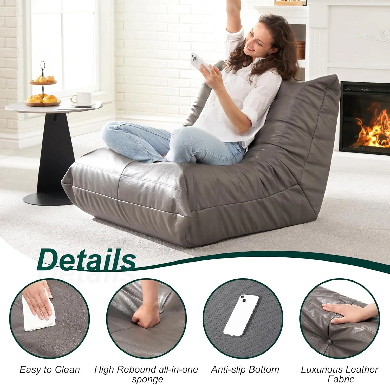 Hobestluk Bean Bag Chair Giant Bean Bag Sofa Memory Foam Bean Bag Chairs for Adults, Bean Bag Couches Faux Leather Bean Bag Chairs for Living Room Bedroom Dorm Office (Grey)