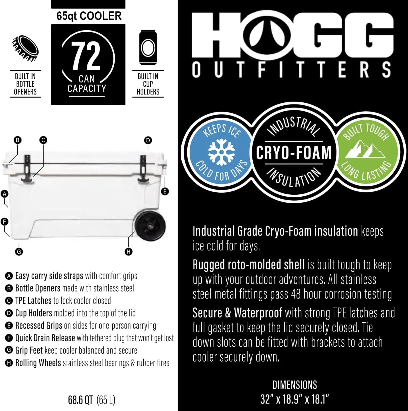 Hogg 65 qt Insulated Cooler with Wheels and Handles, Rolling Ice Chest with Wheels, Rotomolded Wheeled Coolers for Camping, Drinks, Outdoors, 65qt Blue