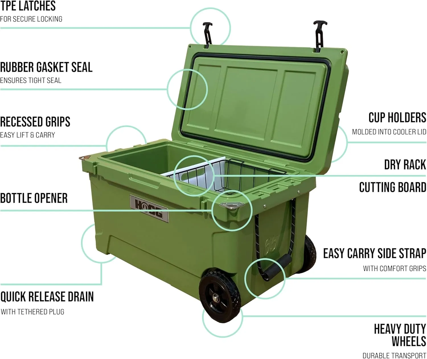 Hogg 65 qt Insulated Cooler with Wheels and Handles, Rolling Ice Chest with Wheels, Rotomolded Wheeled Coolers for Camping, Drinks, Outdoors, 65qt Blue