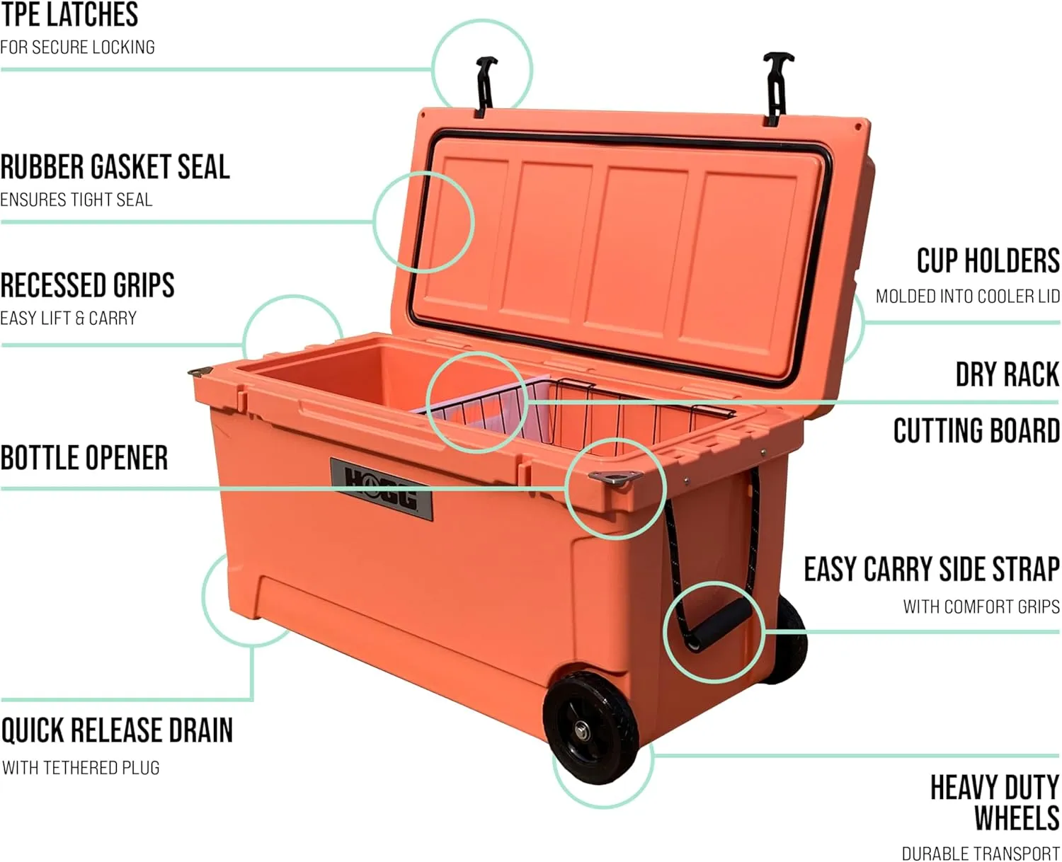Hogg 65 qt Insulated Cooler with Wheels and Handles, Rolling Ice Chest with Wheels, Rotomolded Wheeled Coolers for Camping, Drinks, Outdoors, 65qt Blue