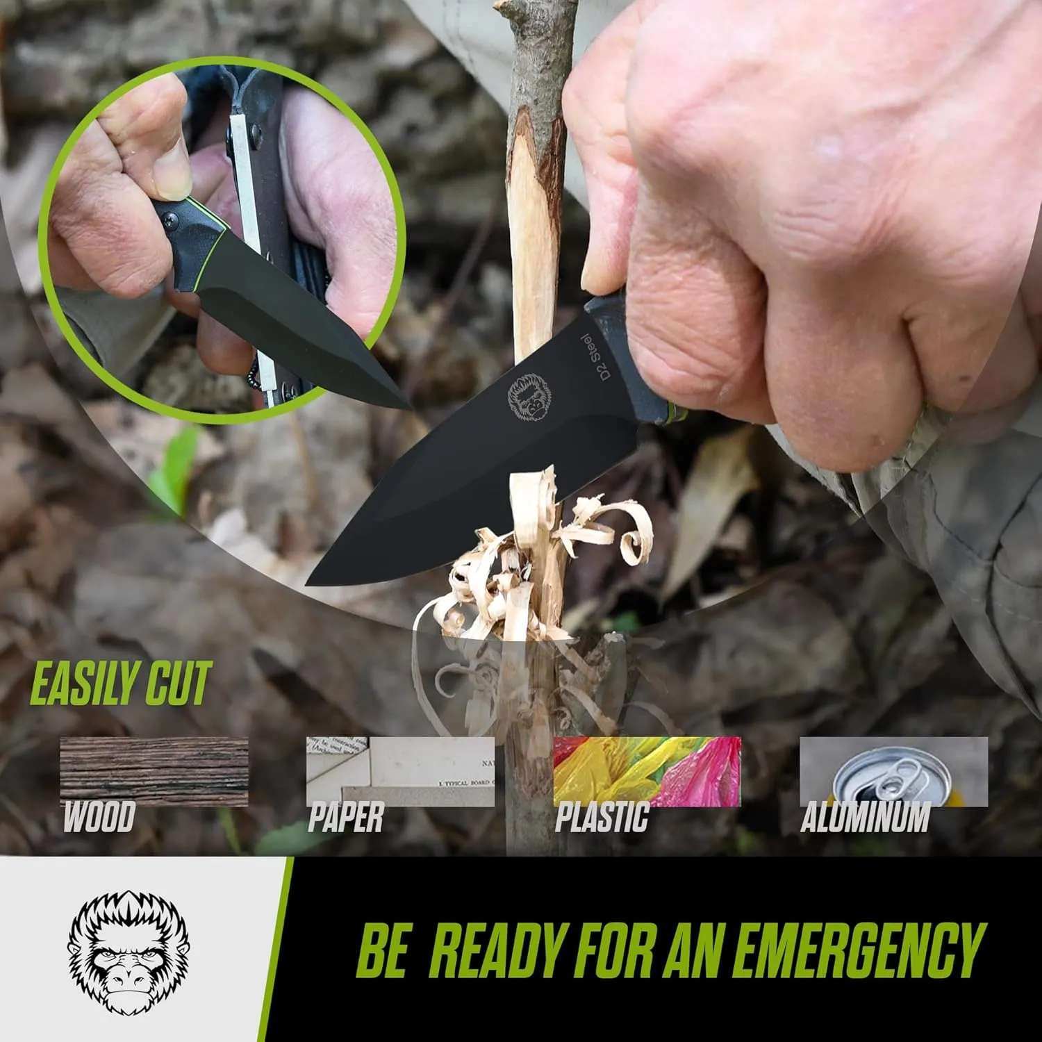Holtzman's Gorilla Survival Baby Silverback Fixed Blade Hunting Knife with Kydex Sheath & Ferro Rod (Black Green) - Ideal for Camping and Outdoor Adventures