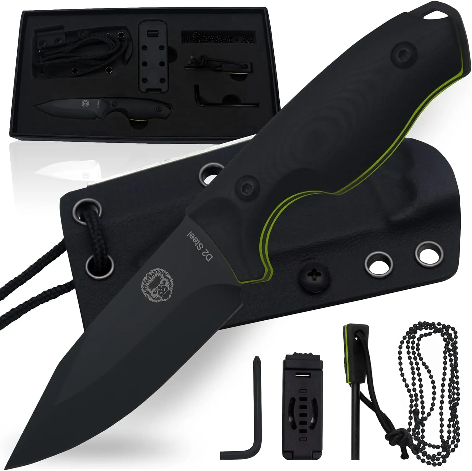 Holtzman's Gorilla Survival Baby Silverback Fixed Blade Hunting Knife with Kydex Sheath & Ferro Rod (Black Green) - Ideal for Camping and Outdoor Adventures